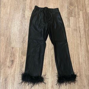 Black Feather Trim Leather Pants